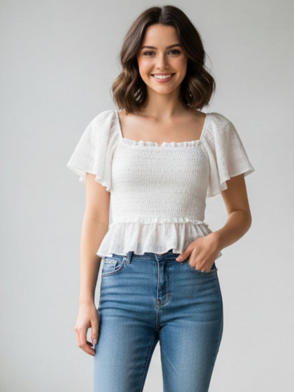ASTR The Label January Top NWT White XS Smocked Flutter Sleeve Cottagecore